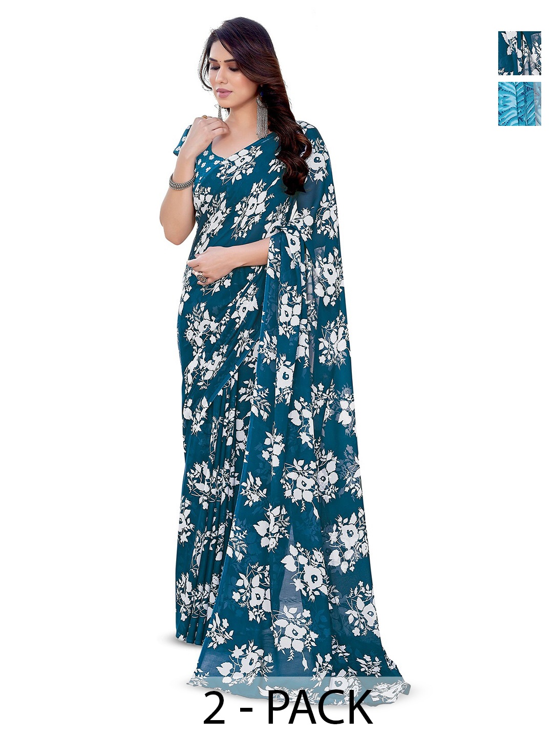 

ANAND SAREES Selection Of 2 Floral Printed Saree, Teal