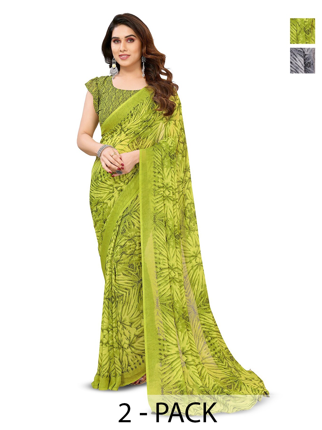 

ANAND SAREES Selection of 2 Abstract Printed Saree, Green