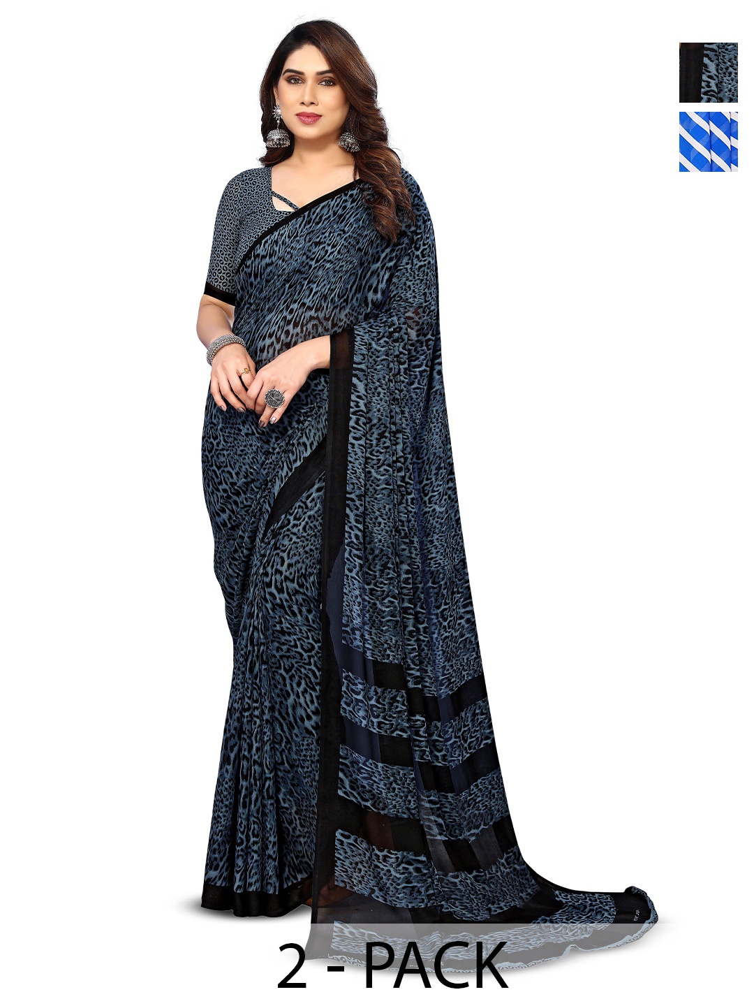 

ANAND SAREES Selection Of 2 Striped Sarees, Blue