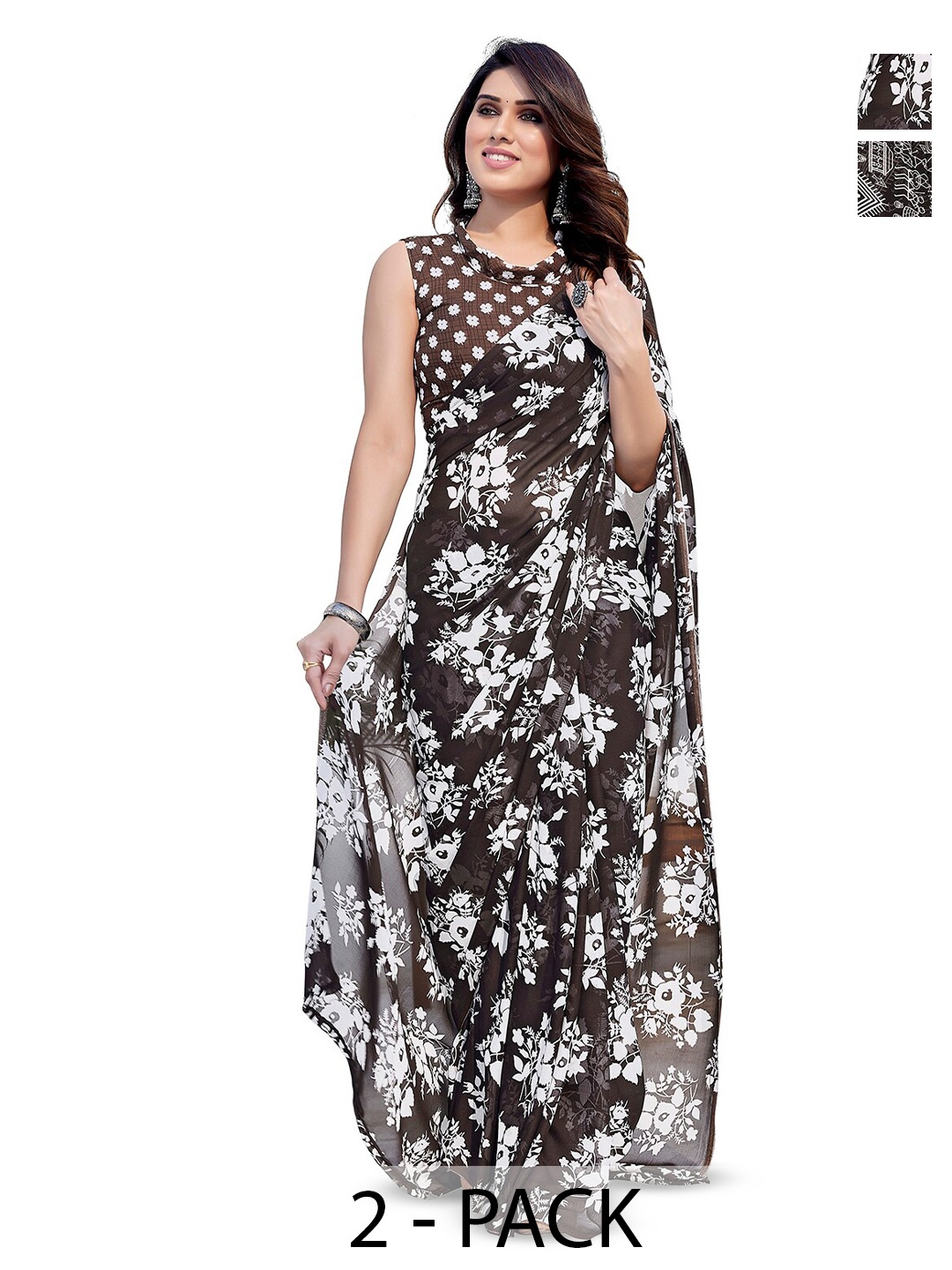 

ANAND SAREES Selection of 2 Floral Printed Sarees, Brown