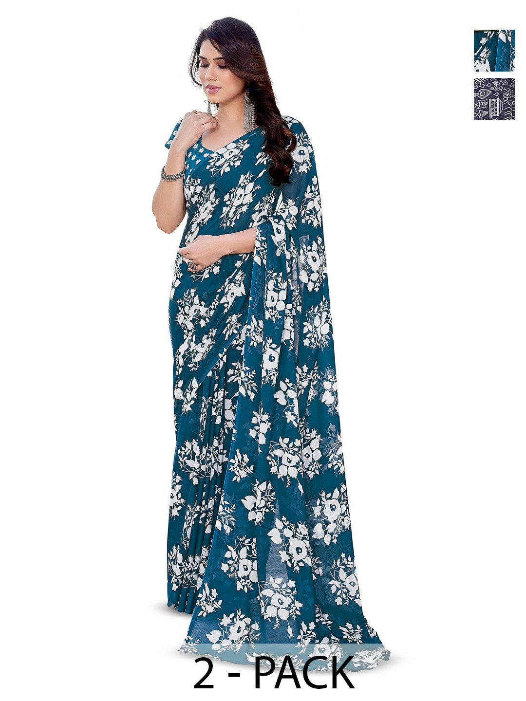 

ANAND SAREES Selection Of 2 Floral Printed Sarees, Blue
