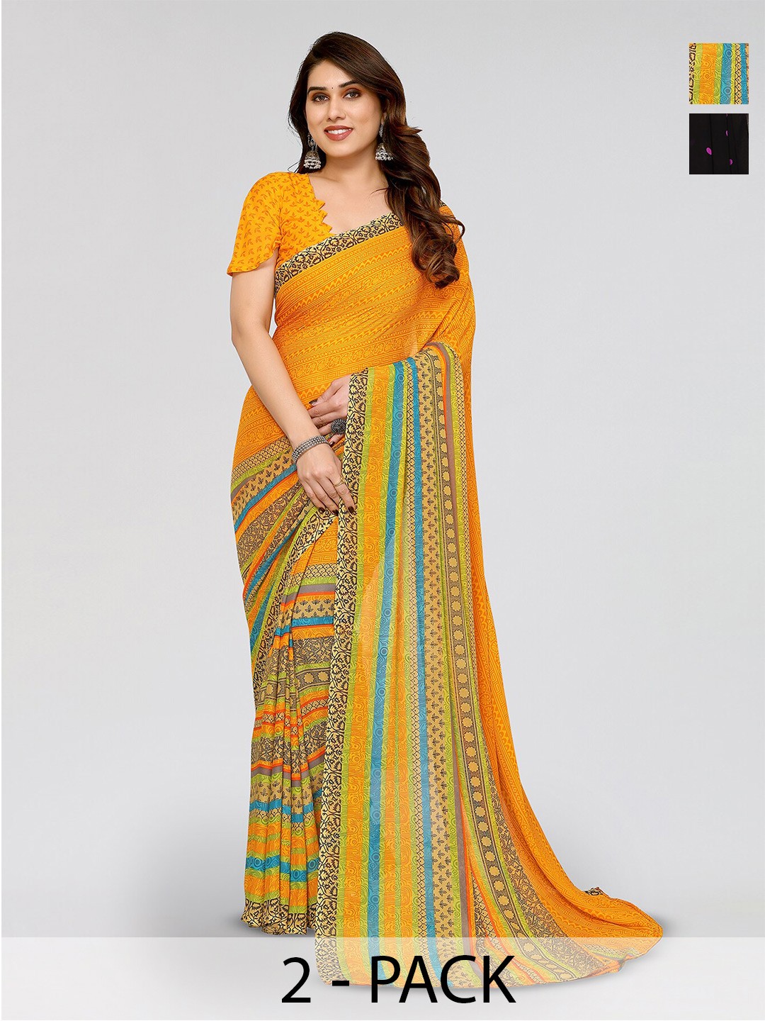 

ANAND SAREES Selection of 2 Polka Dots Printed Sarees, Black