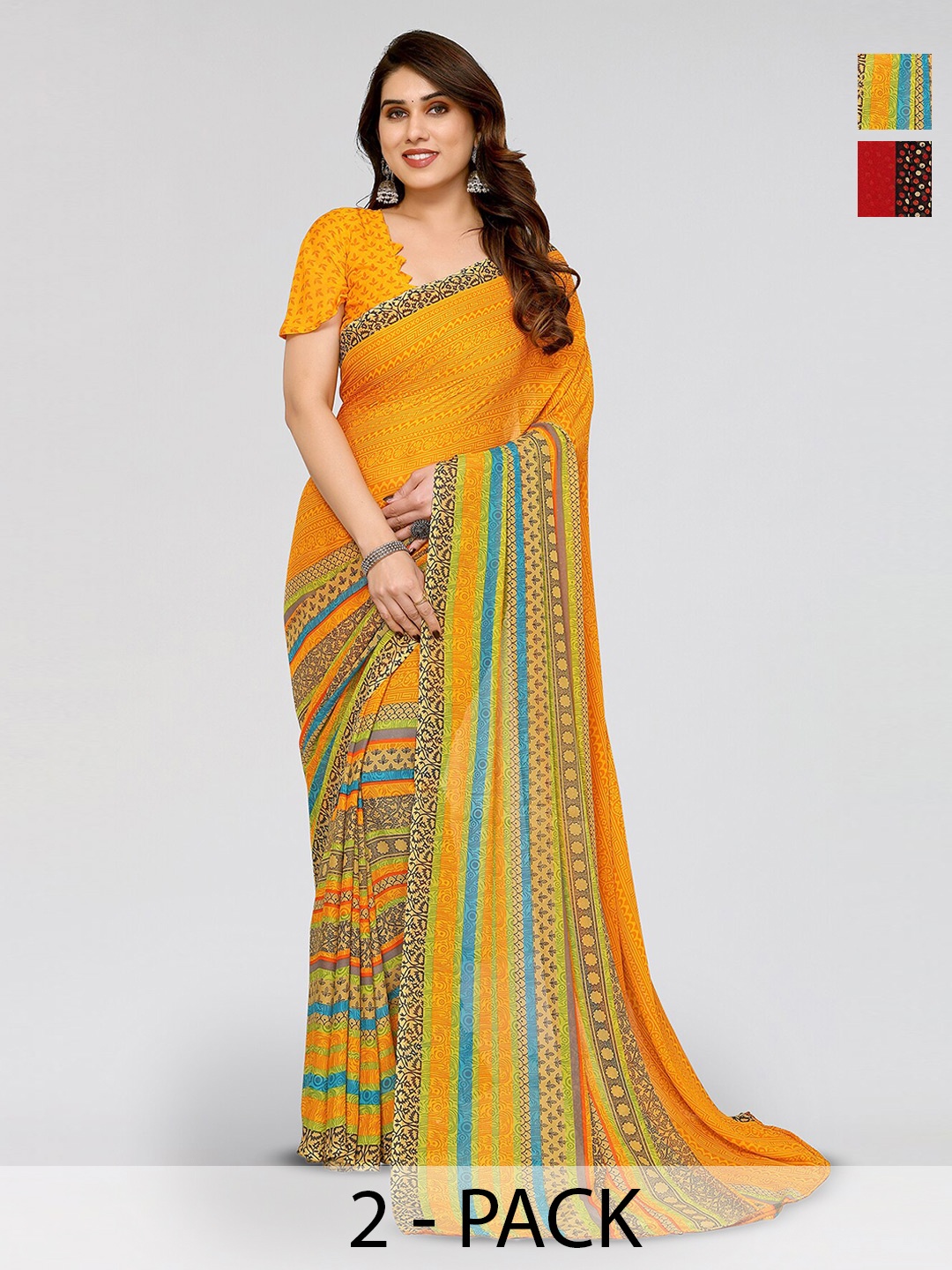 

ANAND SAREES Selection Of 2 Floral Printed Sarees, Mustard
