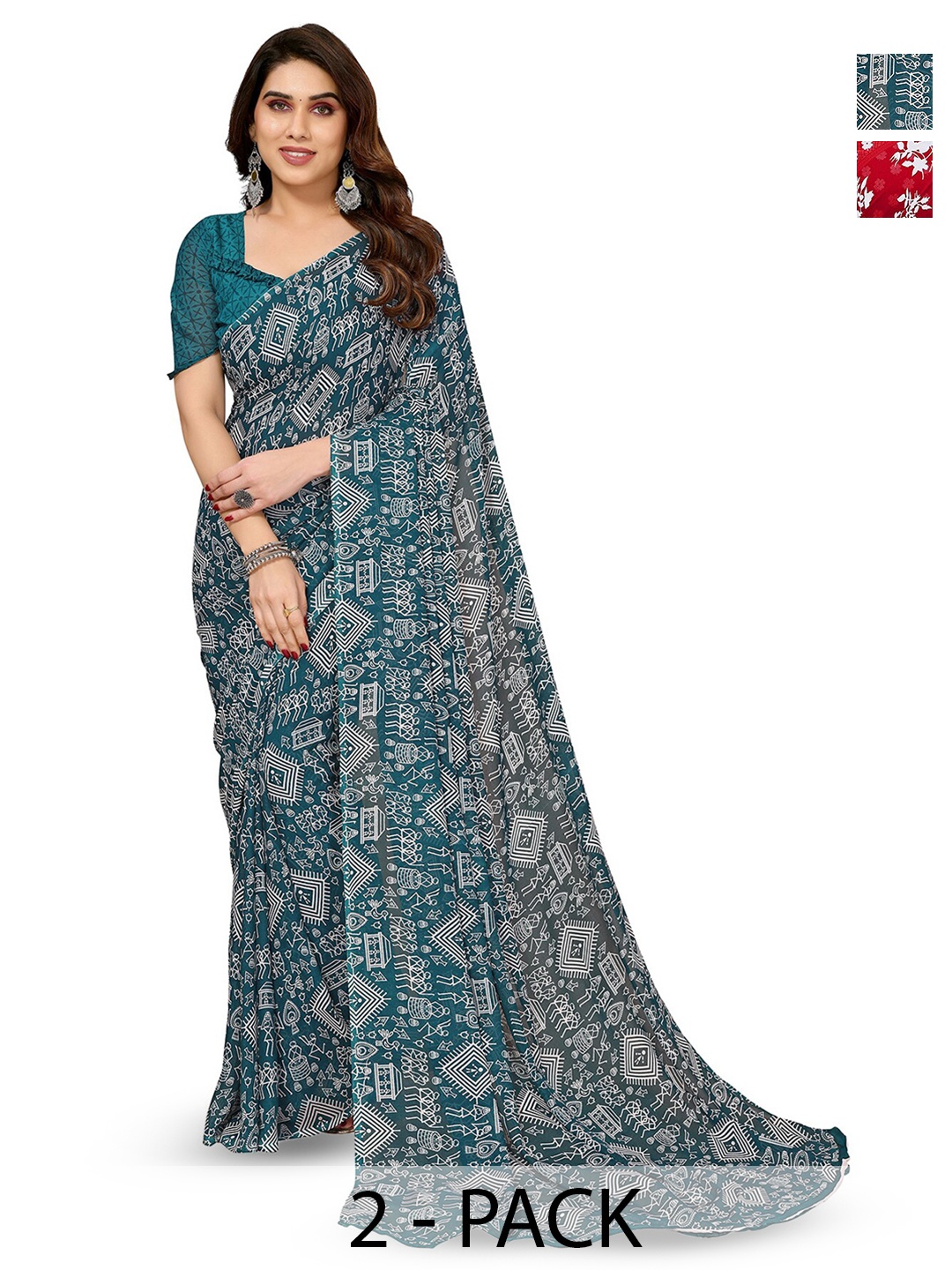 

ANAND SAREES Selection of 2 Ethnic Motifs Printed Sarees, Red