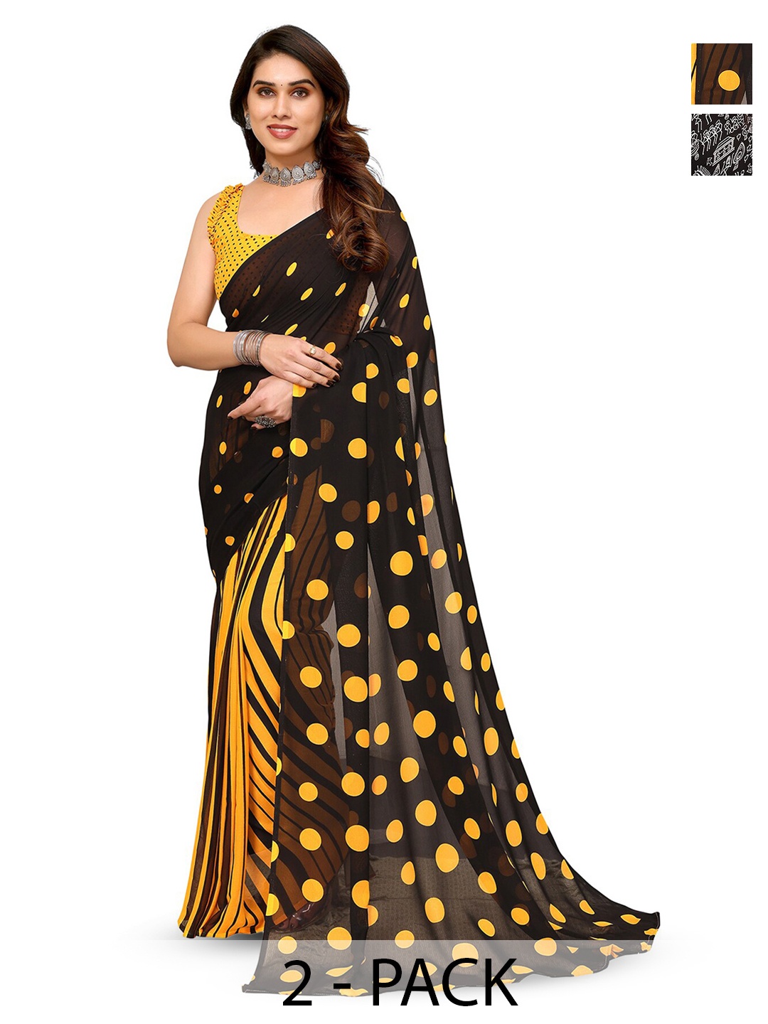 

ANAND SAREES Selection Of 2 Floral Printed Sarees, Black