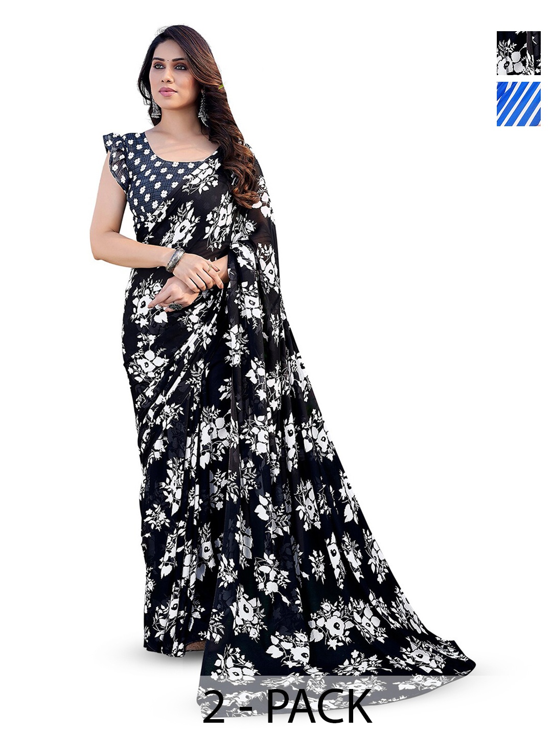 

ANAND SAREES Selection Of 2 Floral Printed Sarees, Blue