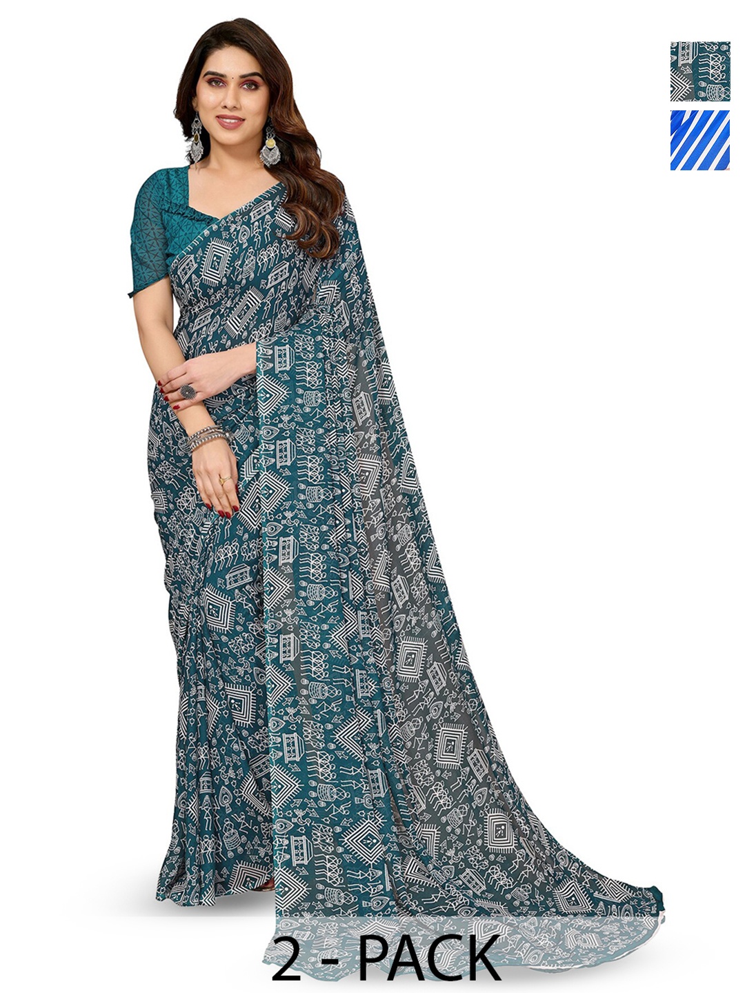 

ANAND SAREES Selection Of 2 Striped Printed Sarees, Blue