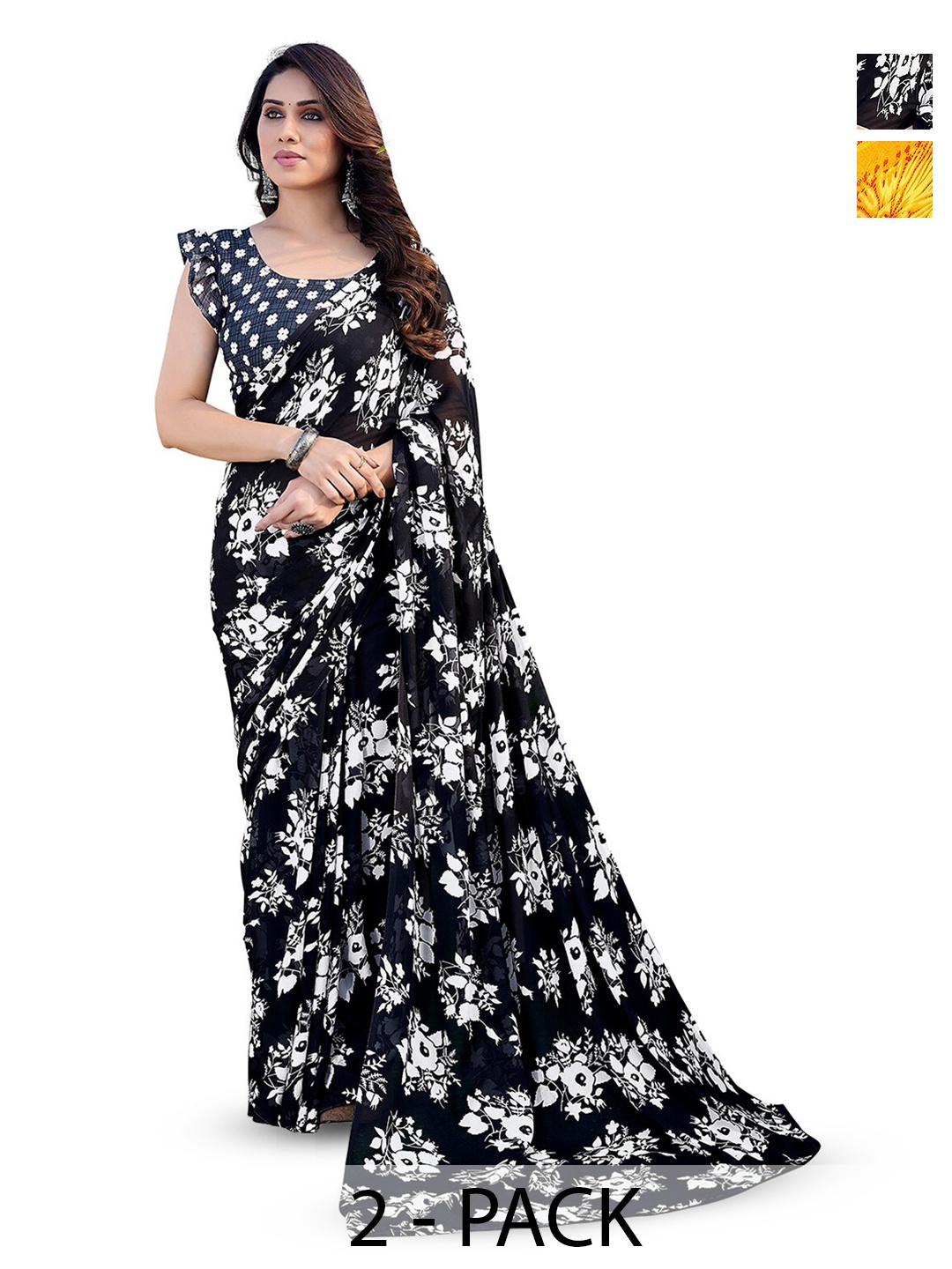 

ANAND SAREES Selection Of 2 Ethnic Motifs Printed Sarees, Black