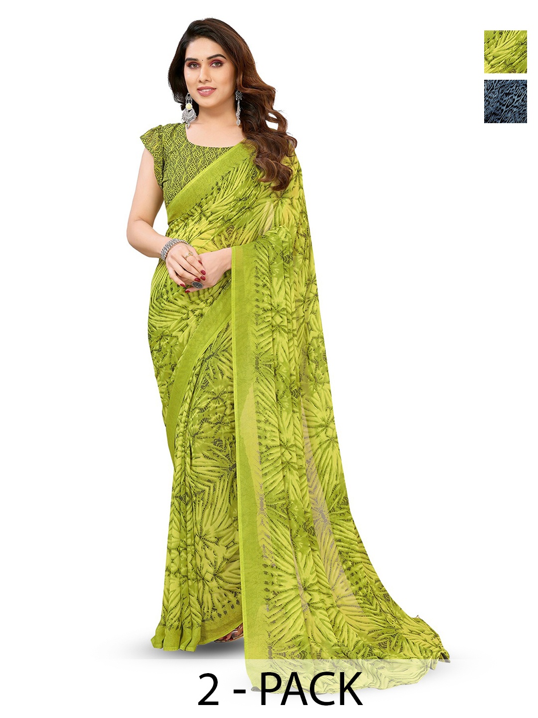 

ANAND SAREES Selection of 2 Ethnic Motifs Printed Sarees, Green
