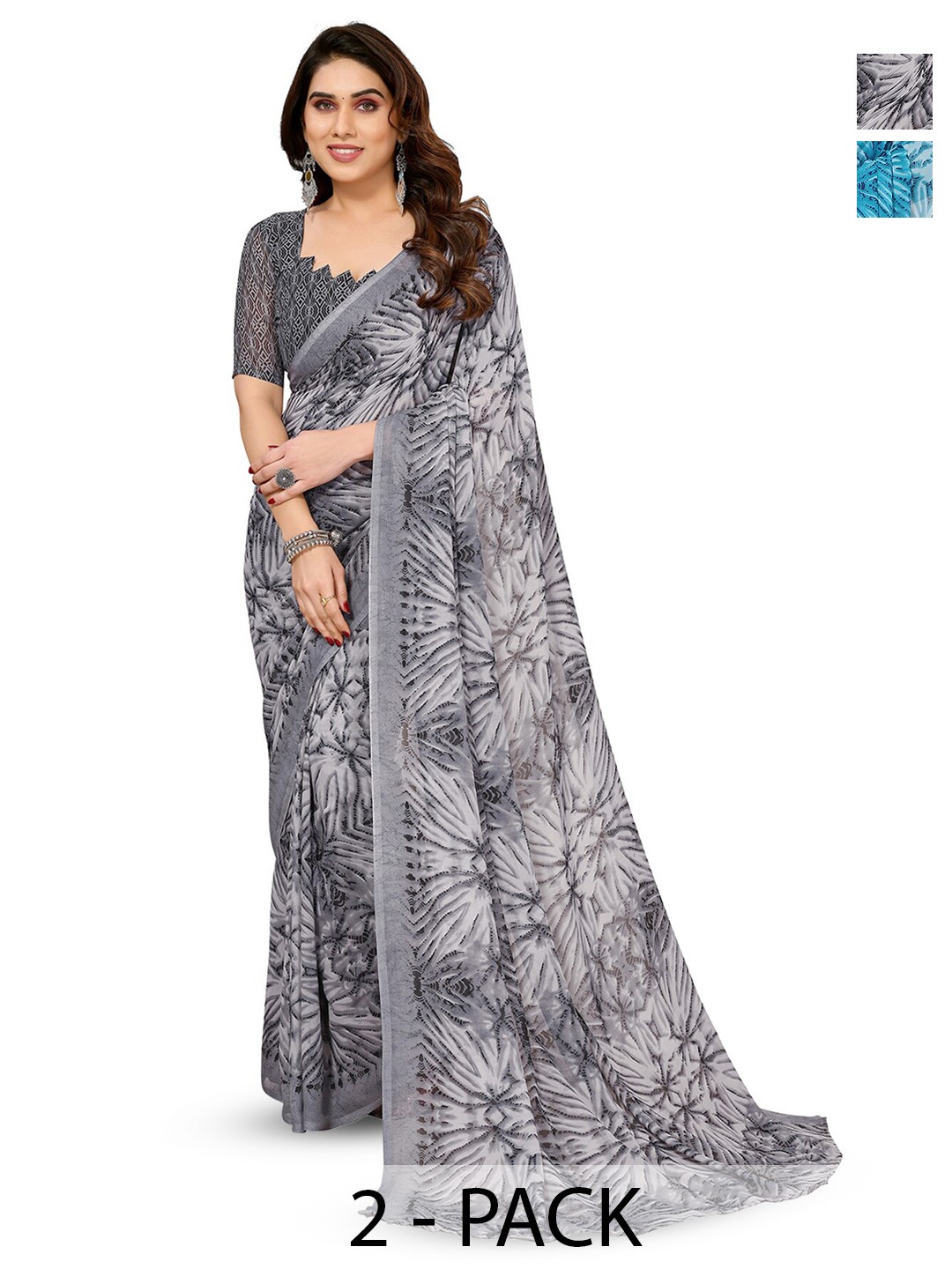 

ANAND SAREES Selection Of 2 Abstract Printed Sarees, Blue