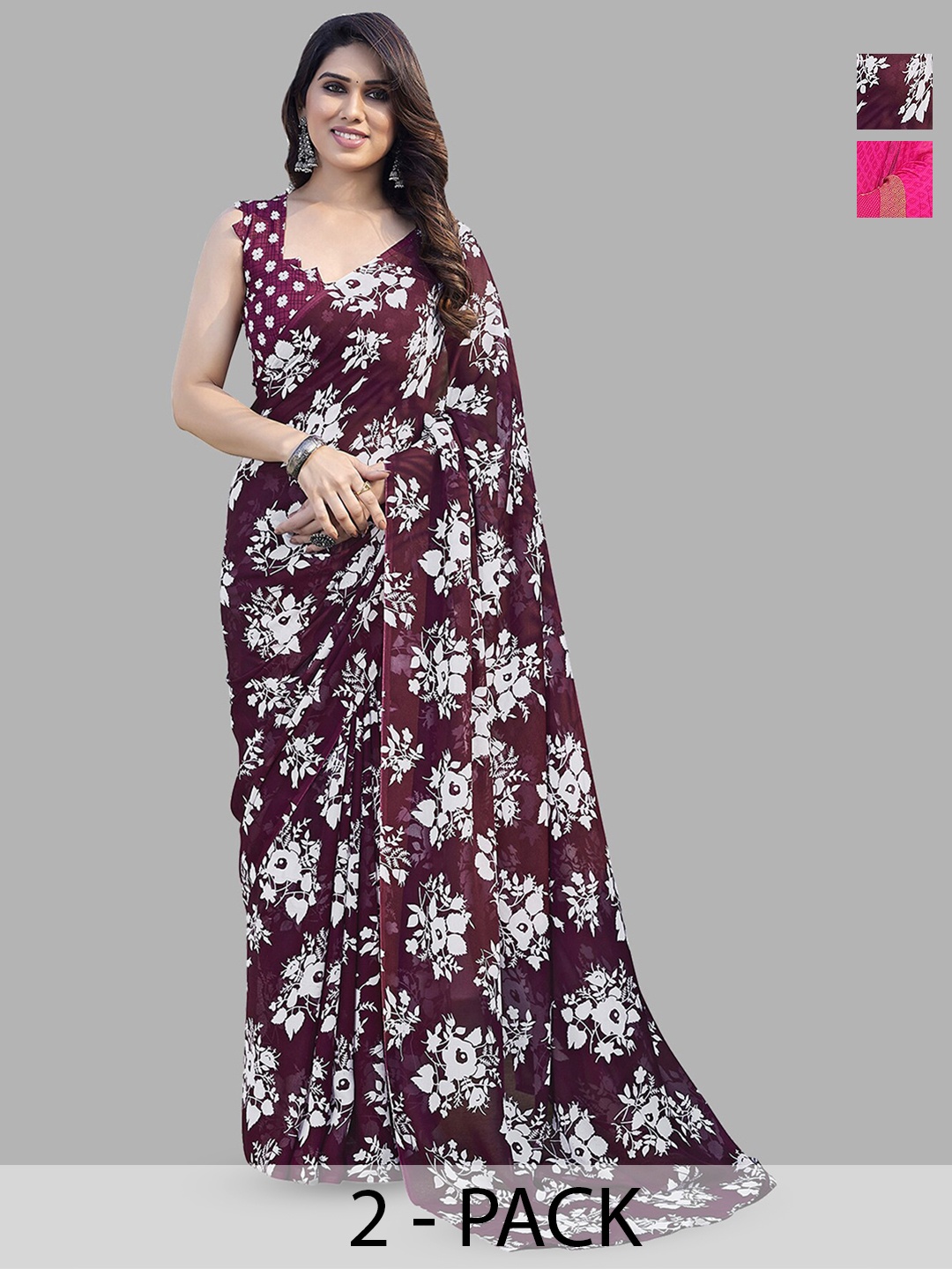 

ANAND SAREES Selection Of 2 Floral Printed Sarees, Burgundy