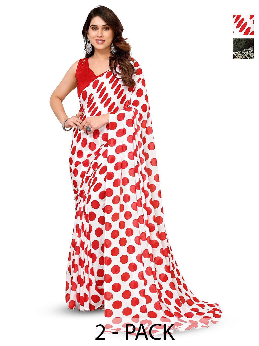 

ANAND SAREES Selection Of 2 Polka Dot Printed Sarees, White