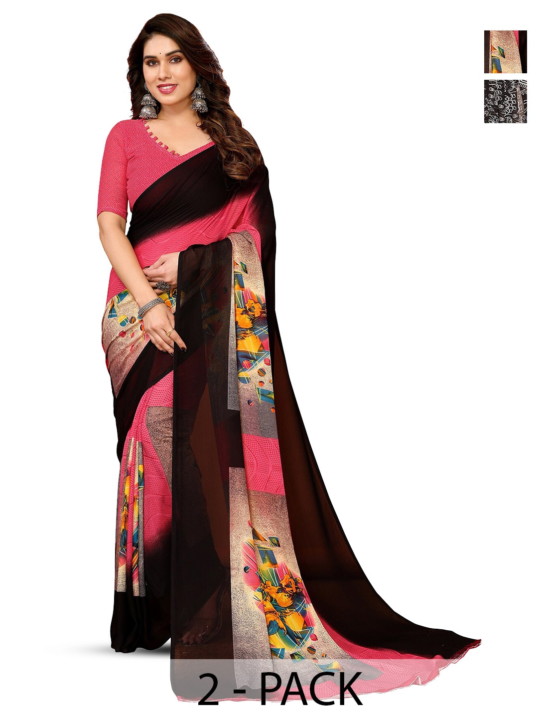 

ANAND SAREES Selection Of 2 Geometric Printed Sarees, Black