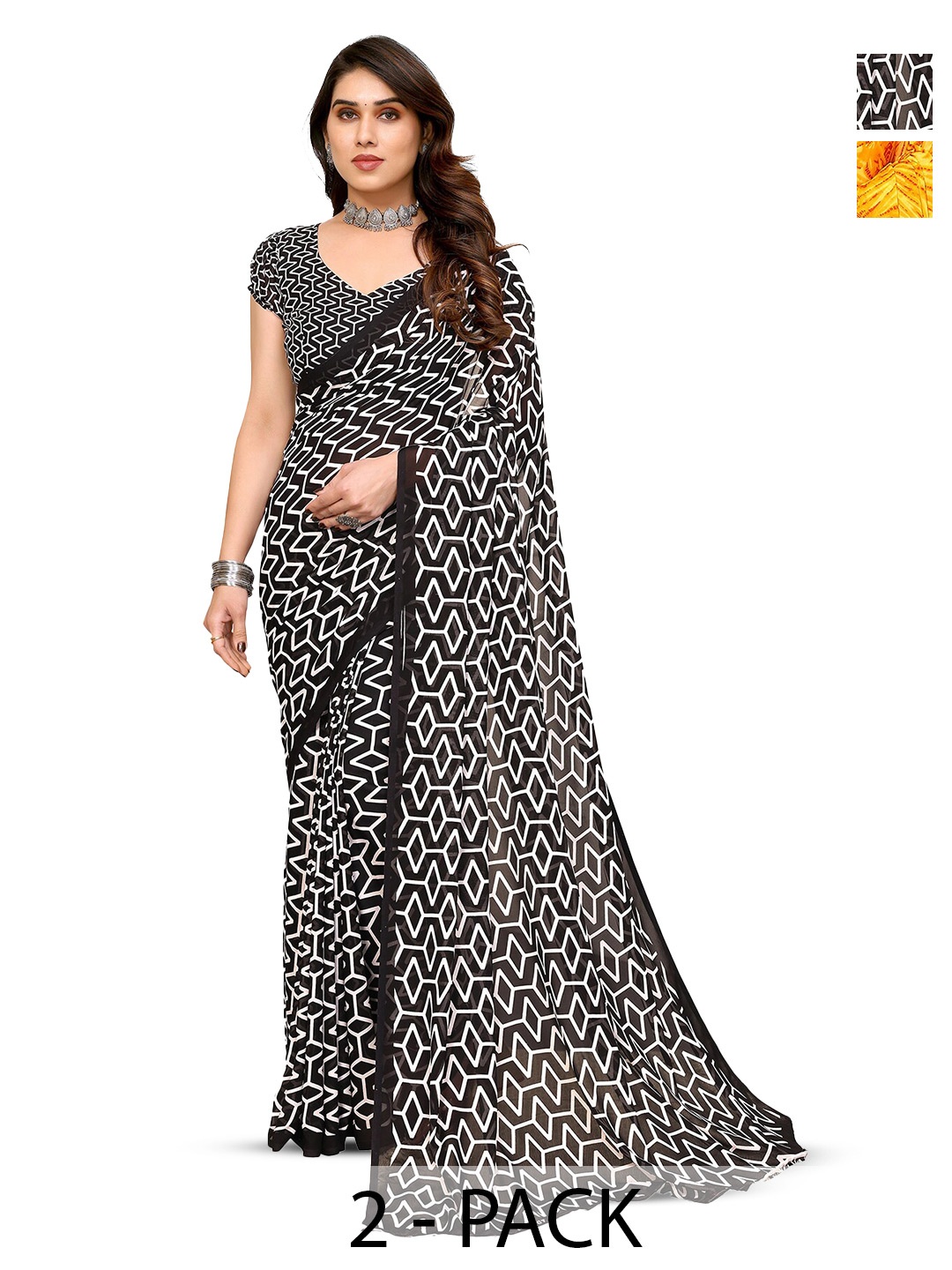 

ANAND SAREES Selection of 2 Geometric Printed Sarees, Yellow