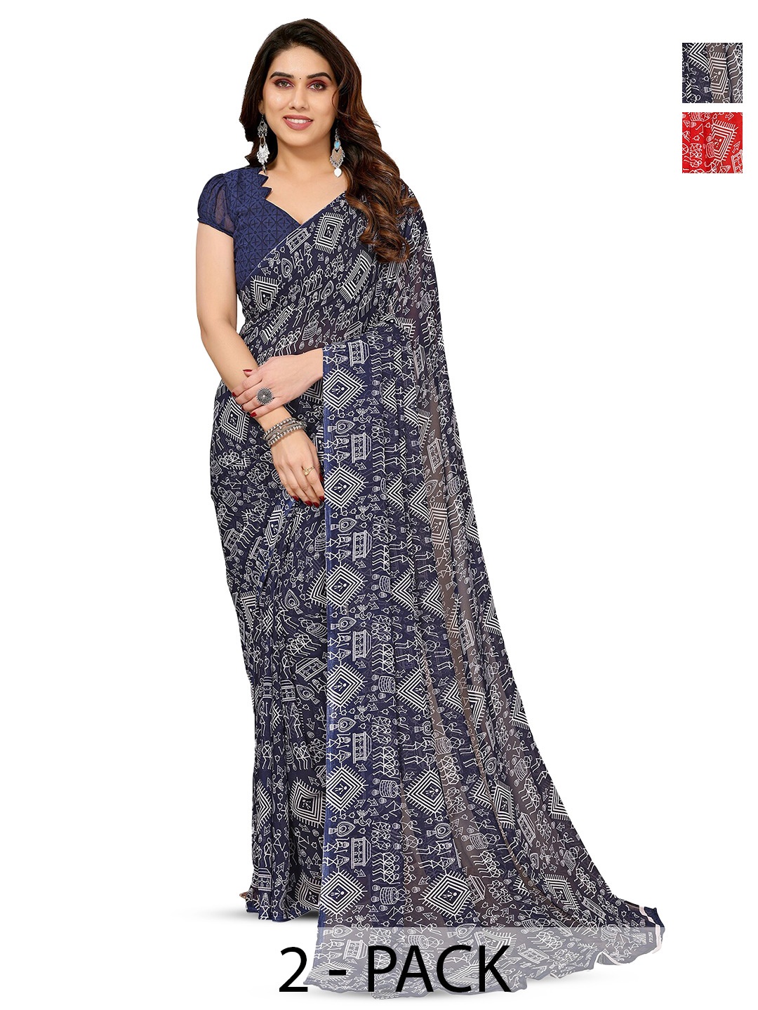

ANAND SAREES Selection Of 2 Warli Printed Sarees, Blue