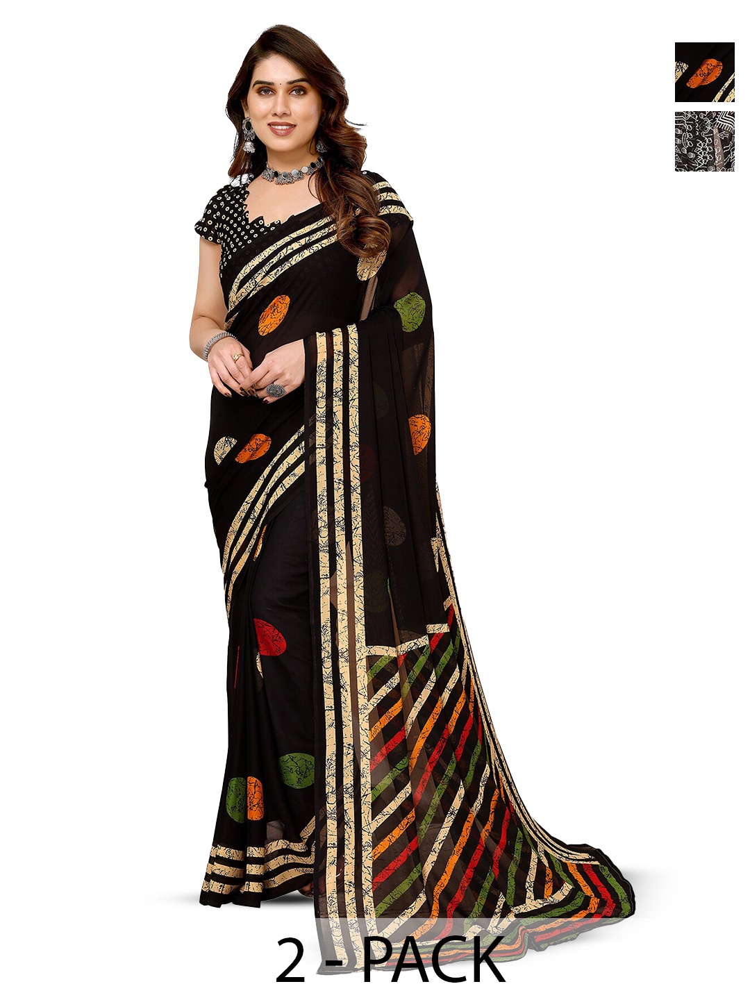

ANAND SAREES Selection of 2 Geometric Printed Saree, Black
