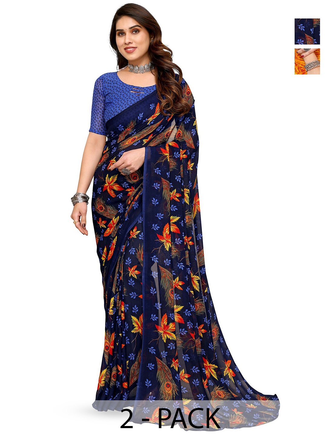 

ANAND SAREES Selection of 2 Floral Printed Saree, Blue