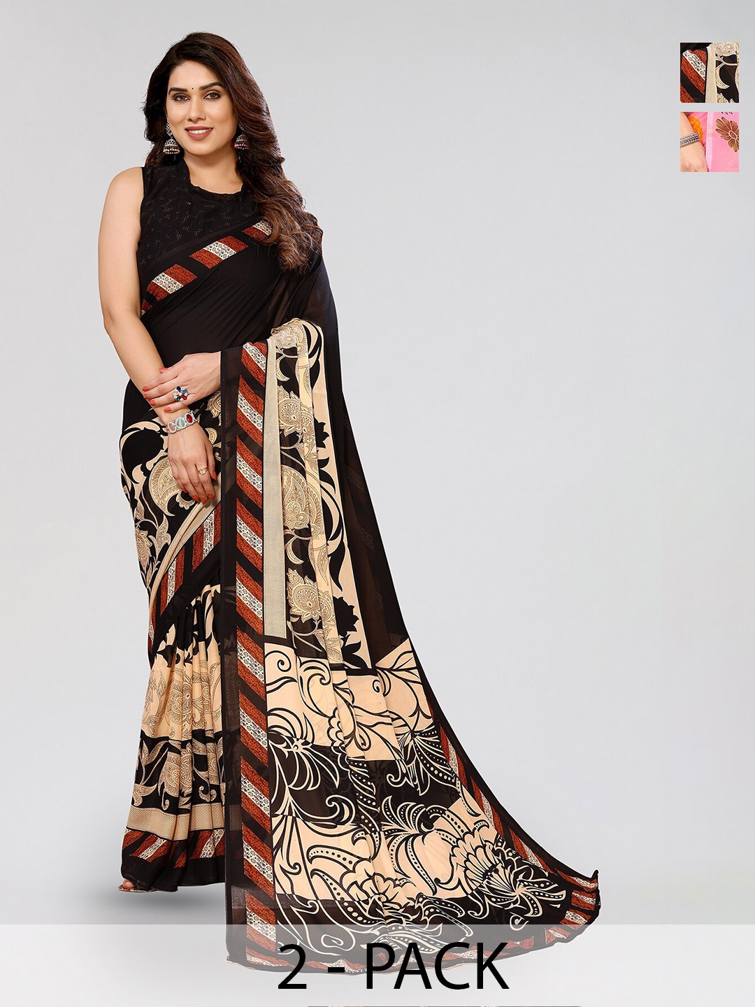 

ANAND SAREES Selection Of 2 Floral Printed Sarees, Black
