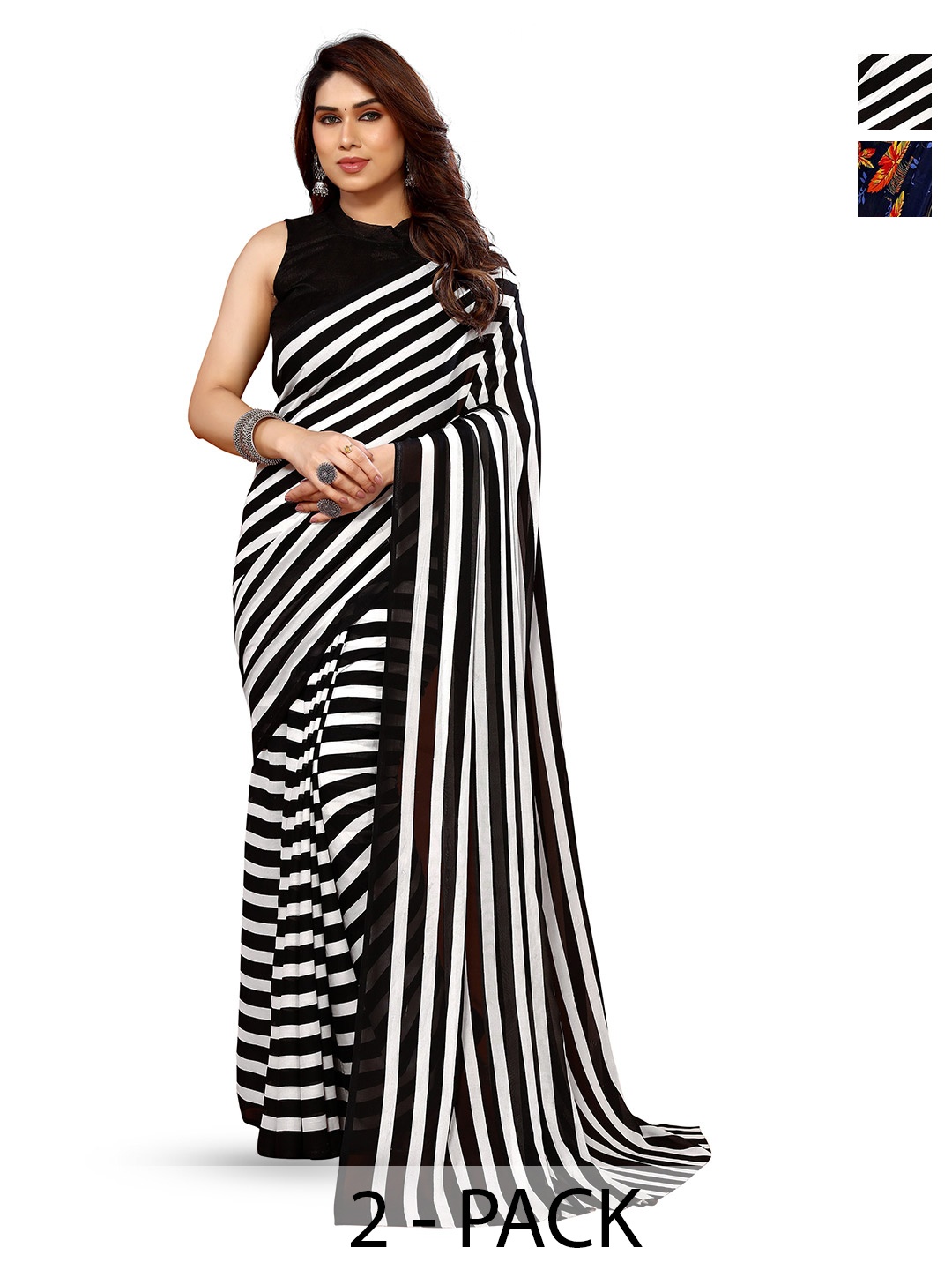 

ANAND SAREES Selection Of 2 Striped Sarees, Black
