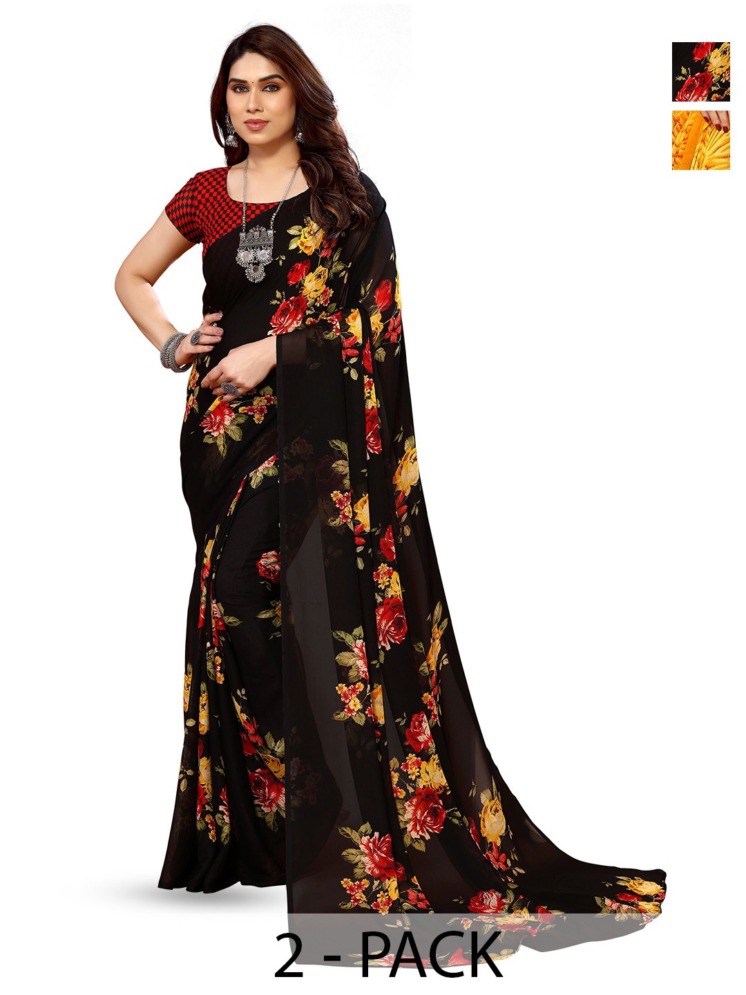 

ANAND SAREES Selection Of 2 Floral Printed Sarees, Yellow