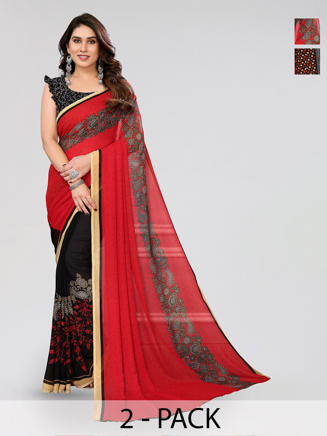 

ANAND SAREES Selection Of 2 Floral Printed Sarees, Red