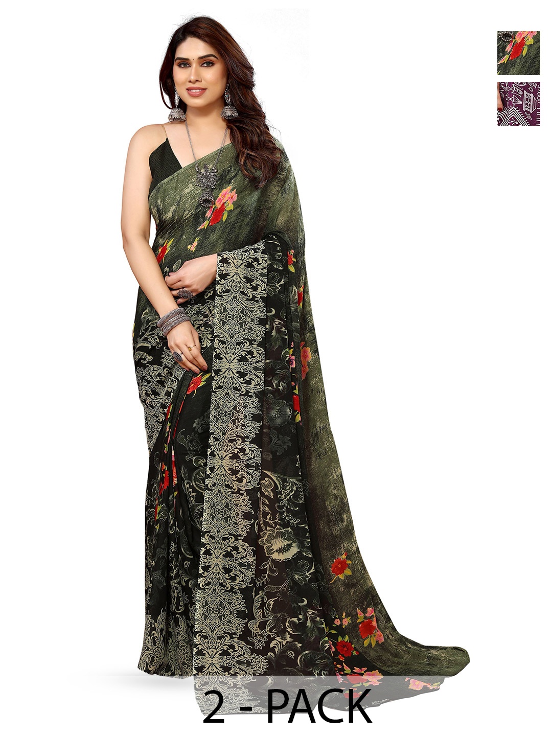 

ANAND SAREES Selection Of 2 Ethnic Motifs Printed Sarees, Green