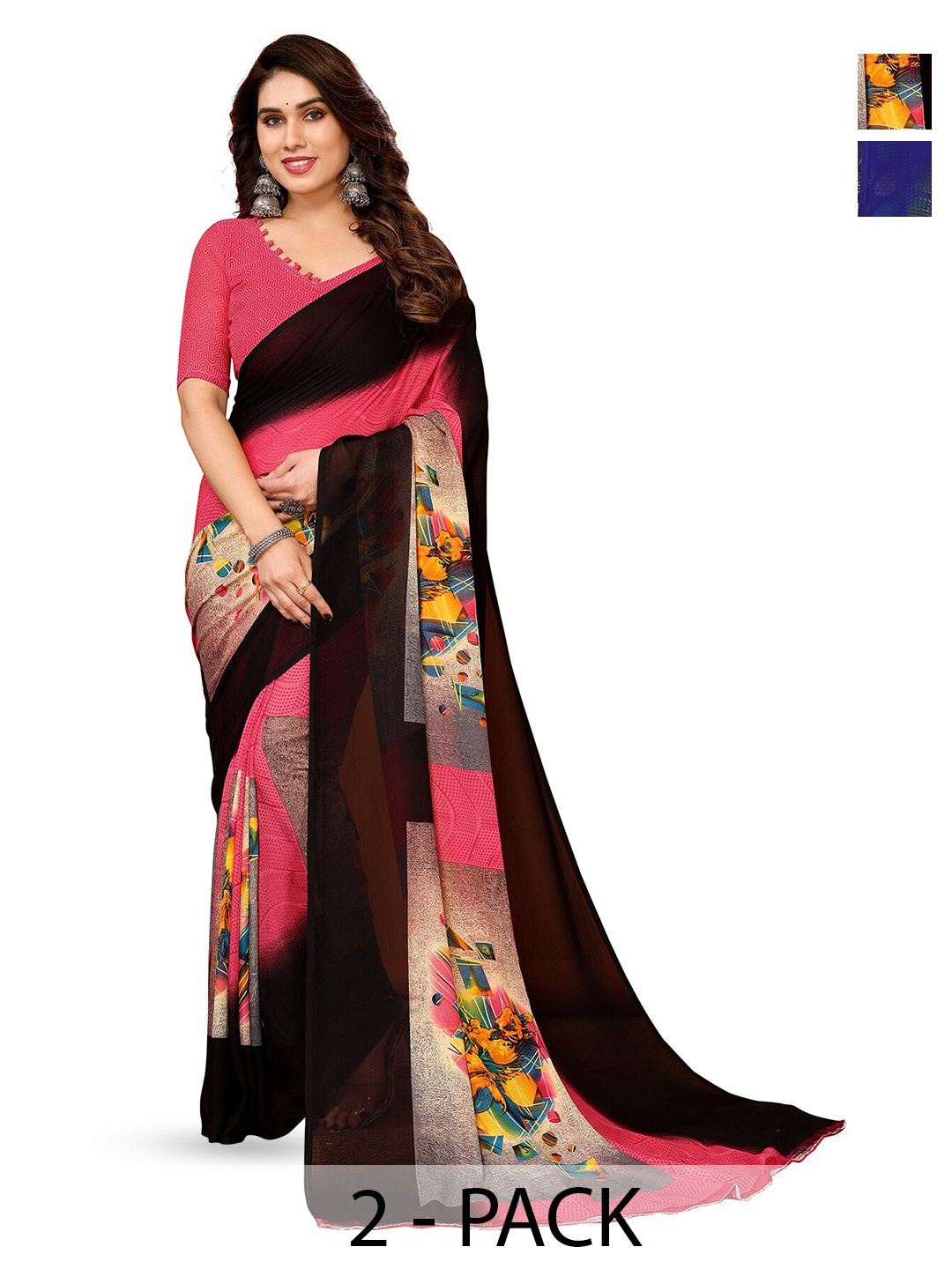 

ANAND SAREES Selection of 2 Floral Printed Sarees, Blue