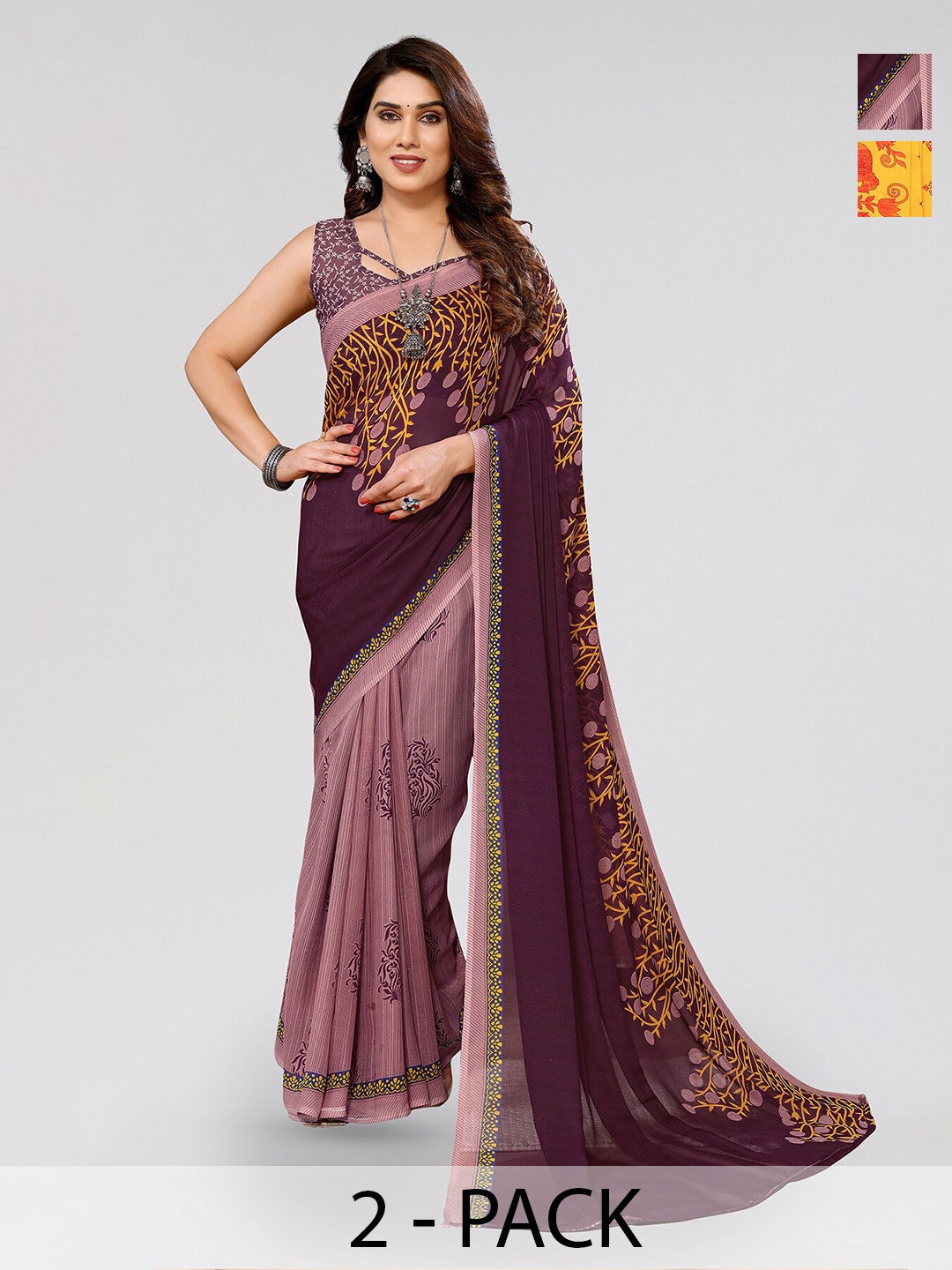 

ANAND SAREES Pack Of 2 Ethnic Motifs Printed Georgette Saree, Yellow