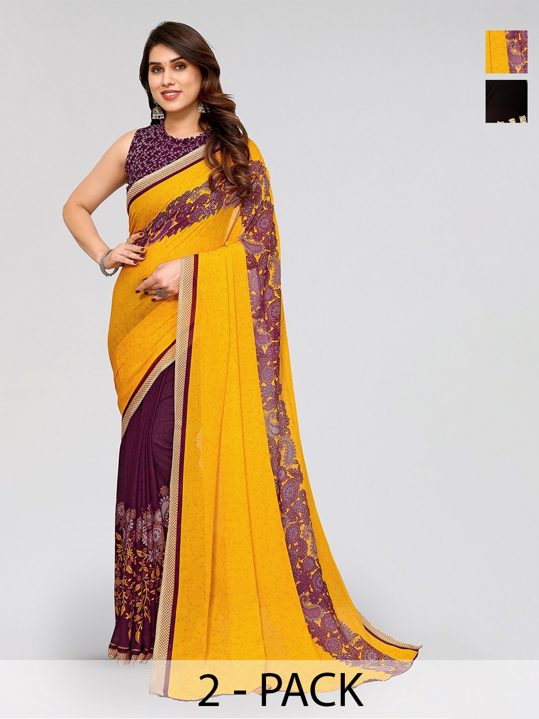 

ANAND SAREES Selection Of 2 Floral Printed Sarees, Purple