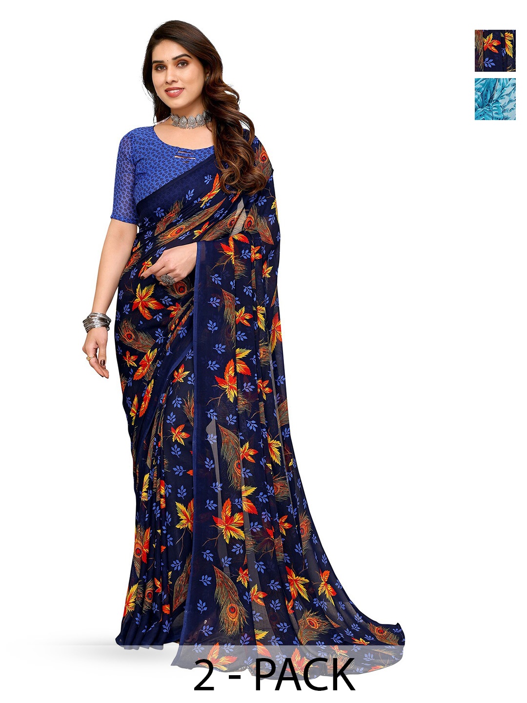 

ANAND SAREES Pack Of 2 Abstract Printed Georgette Saree, Blue