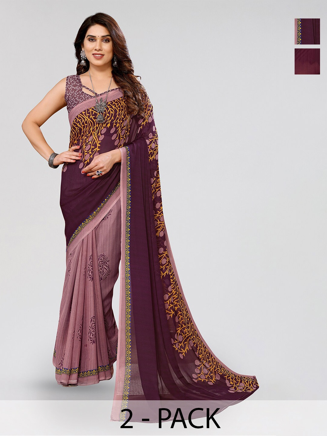 

ANAND SAREES Selection Of 2 Floral Printed Sarees, Maroon