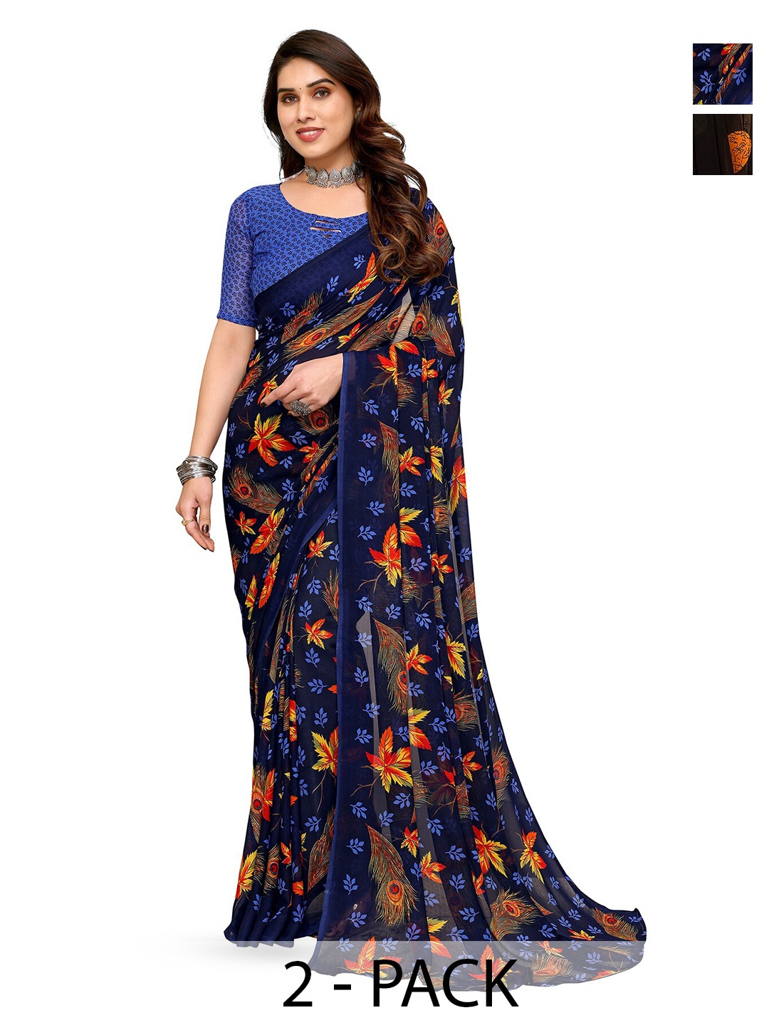 

ANAND SAREES Selection of 2 Floral Printed Sarees, Blue