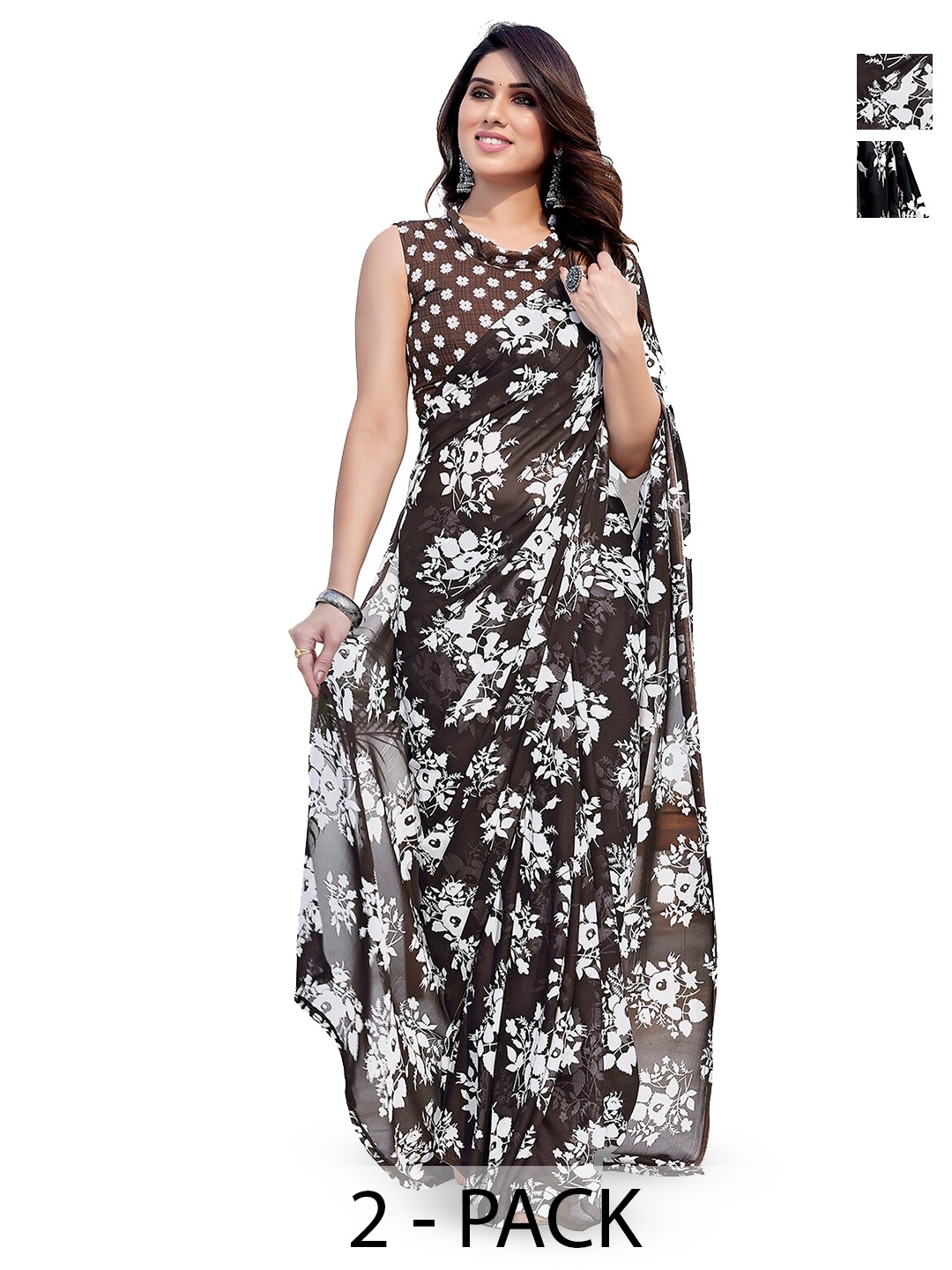 

ANAND SAREES Selection Of 2 Floral Printed Sarees, Black