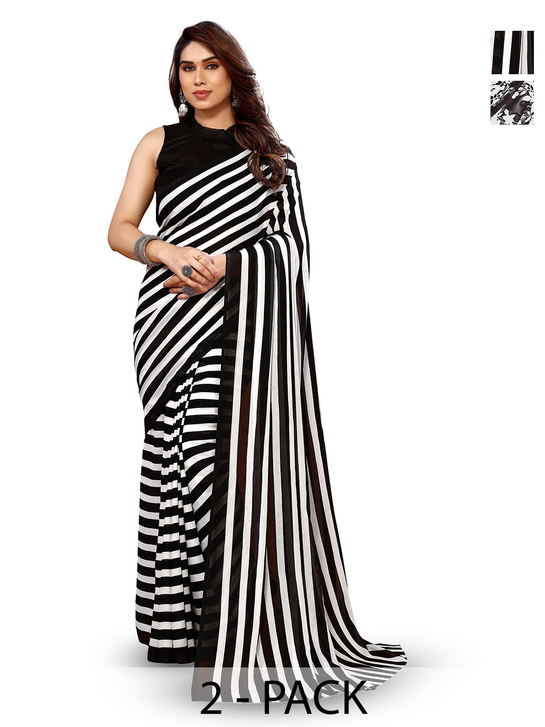 

ANAND SAREES Selection Of 2 Striped Printed Sarees, Black