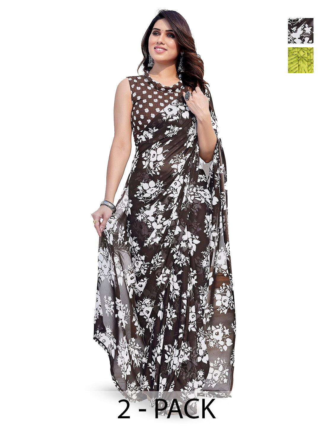 

ANAND SAREES Selection Of 2 Floral Printed Saree, Green