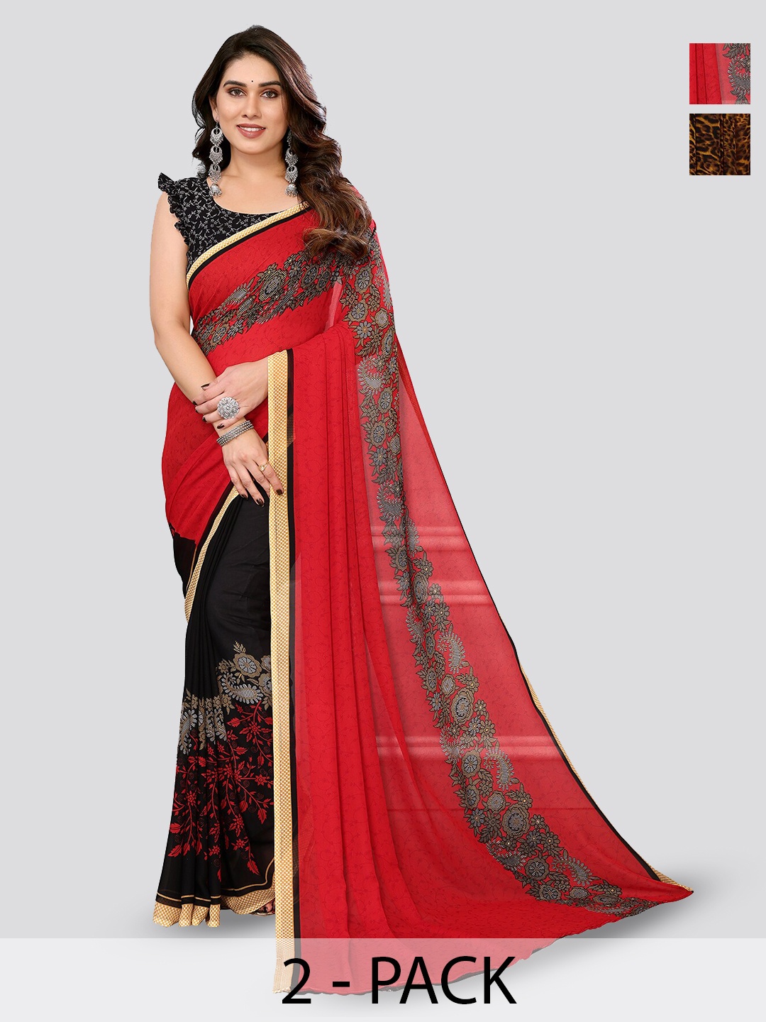 

ANAND SAREES Selection of 2 Abstract Printed Sarees, Brown