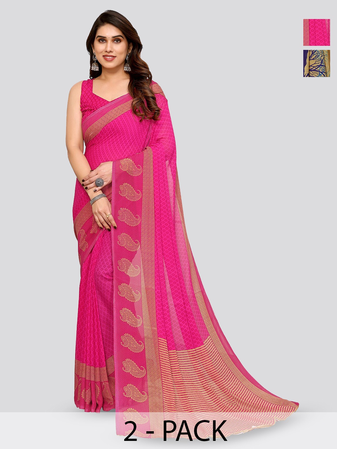 

ANAND SAREES Selection Of 2 Floral Printed Sarees, Blue