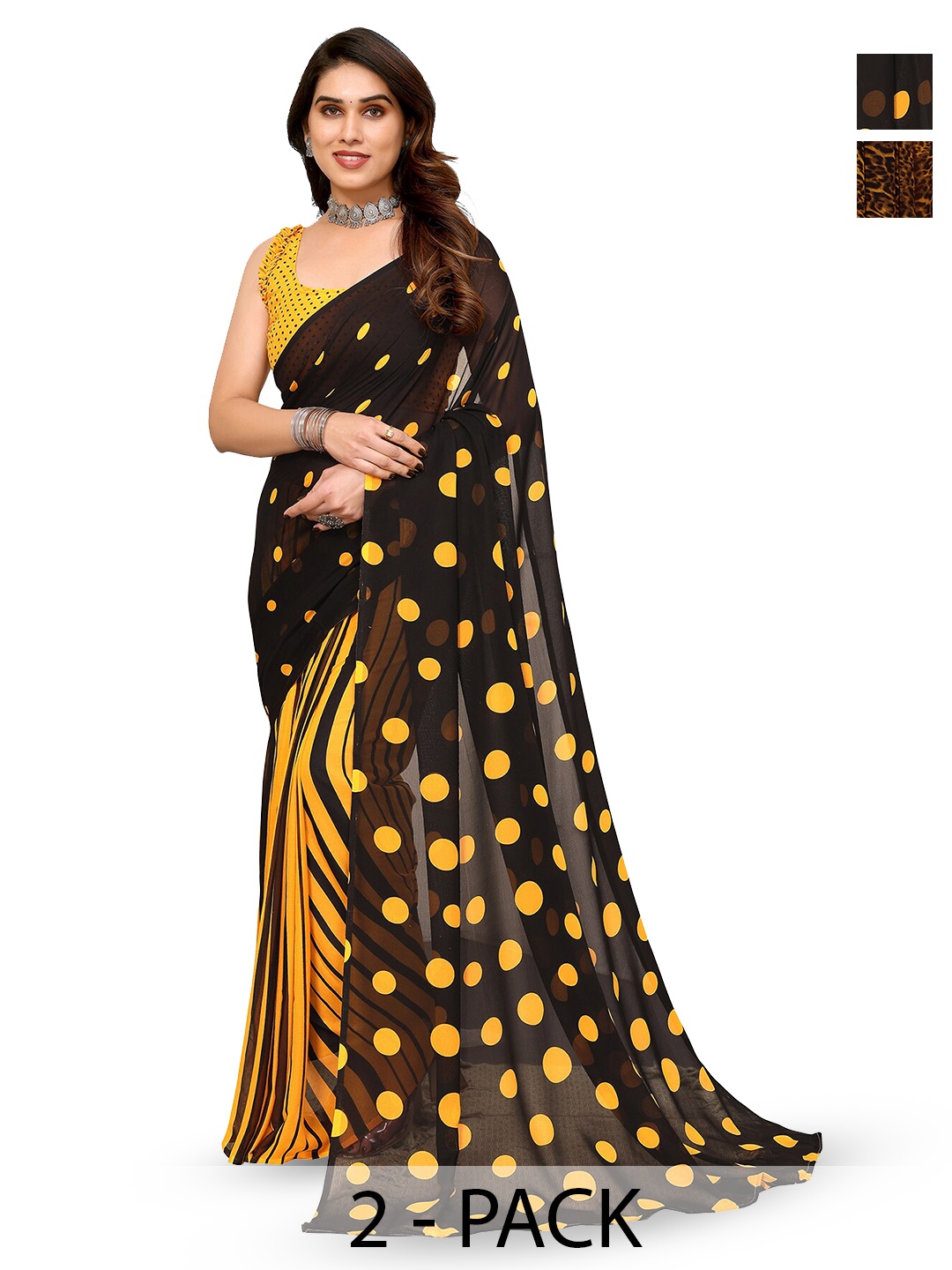 

ANAND SAREES Selection of 2 Polka Dot Printed Saree, Black