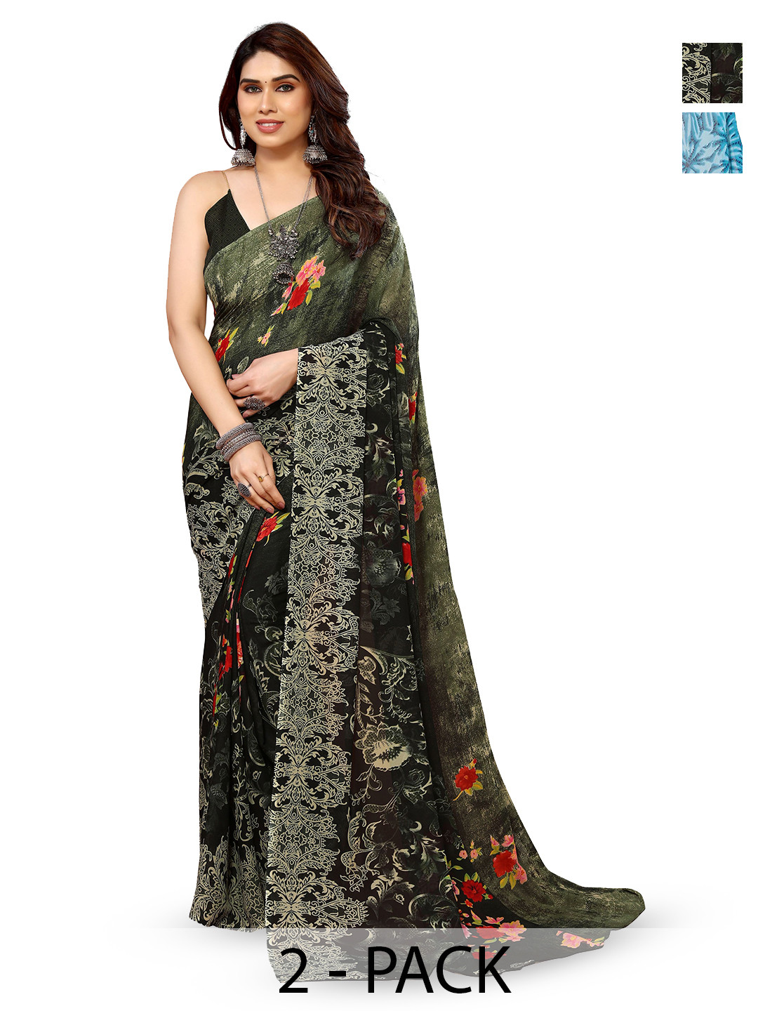 

ANAND SAREES Selection of 2 Printed Saree, Blue