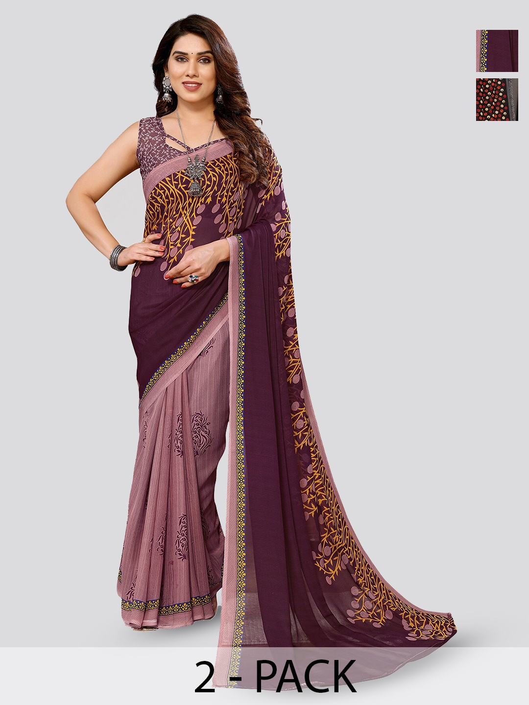 

ANAND SAREES Selection Of 2 Ethnic Motifs Printed Sarees, Purple