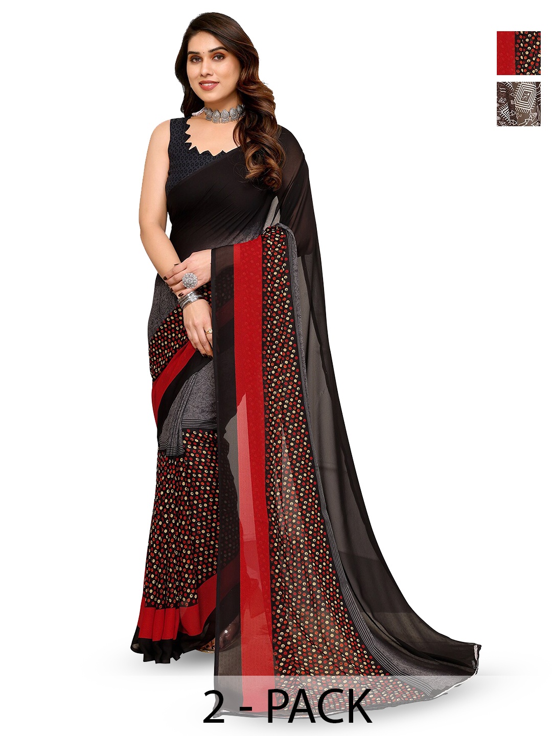 

ANAND SAREES Selection of 2 Geometric Printed Saree, Brown