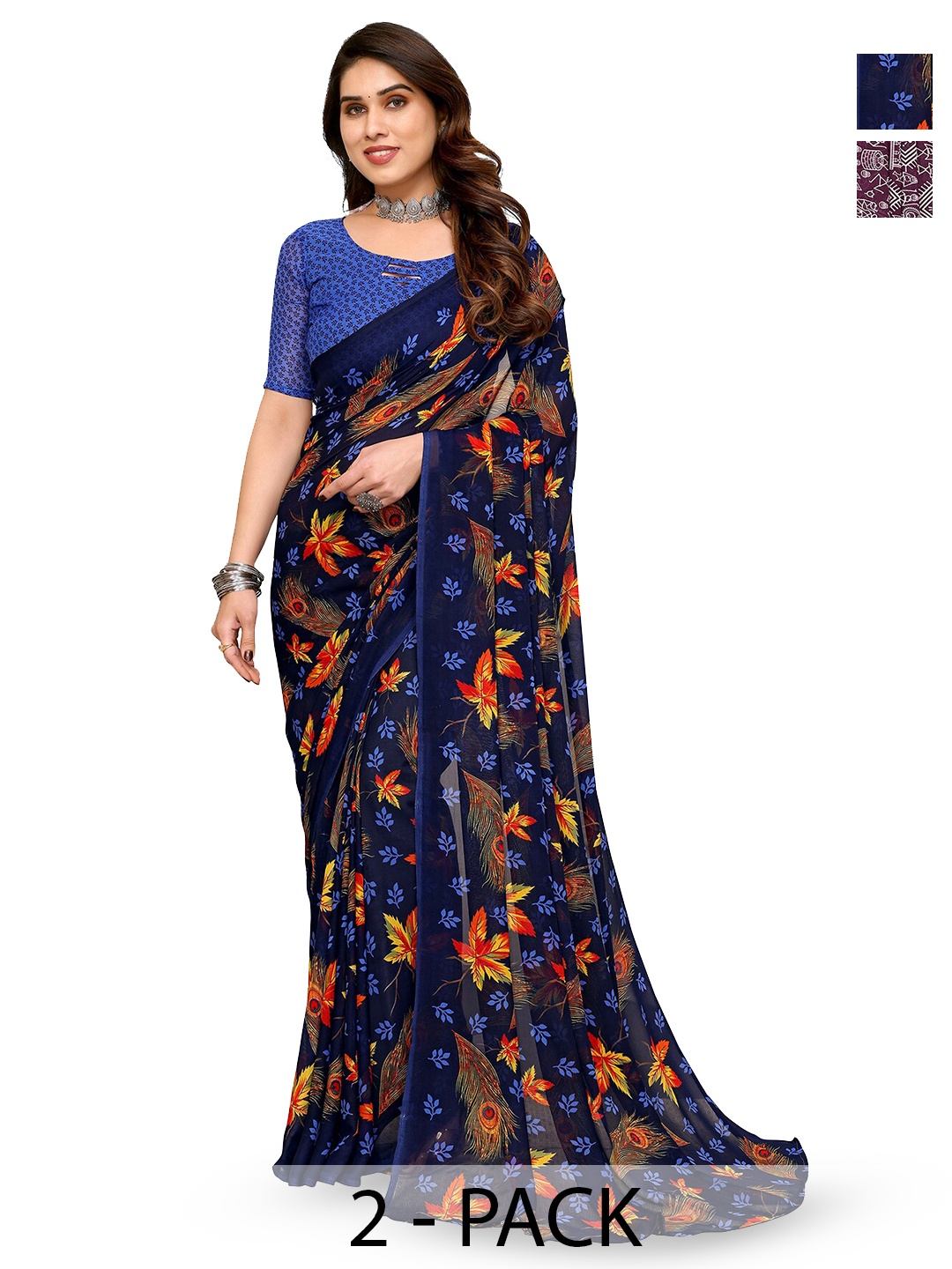 

ANAND SAREES Selection Of 2 Geometric Printed Sarees, Blue