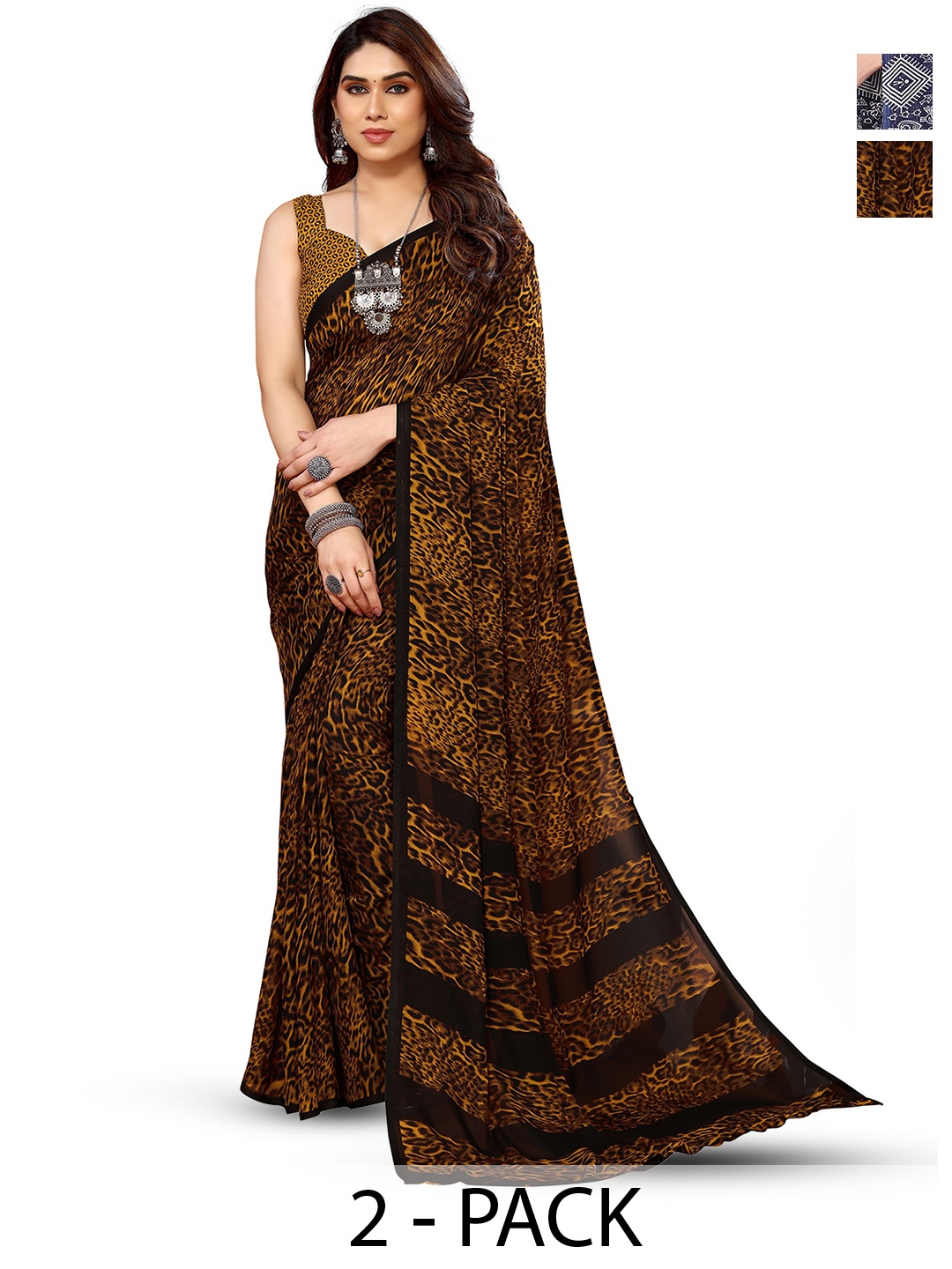 

ANAND SAREES Selection Of 2 Ethnic Motifs Printed Saree, Black