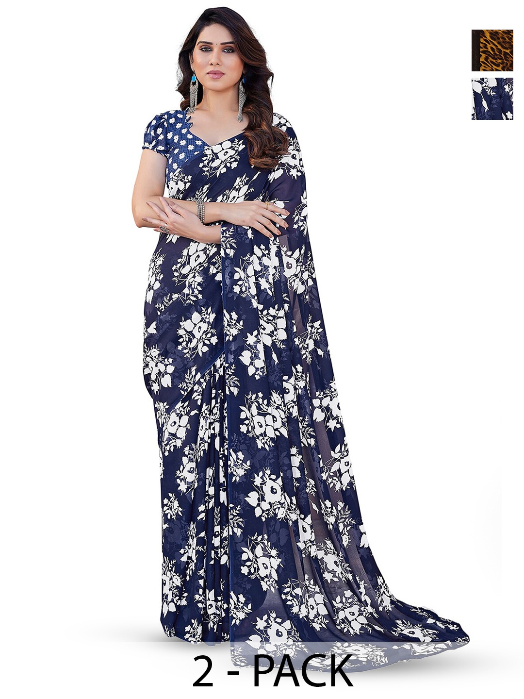 

ANAND SAREES Selection Of 2 Floral Printed Sarees, Blue