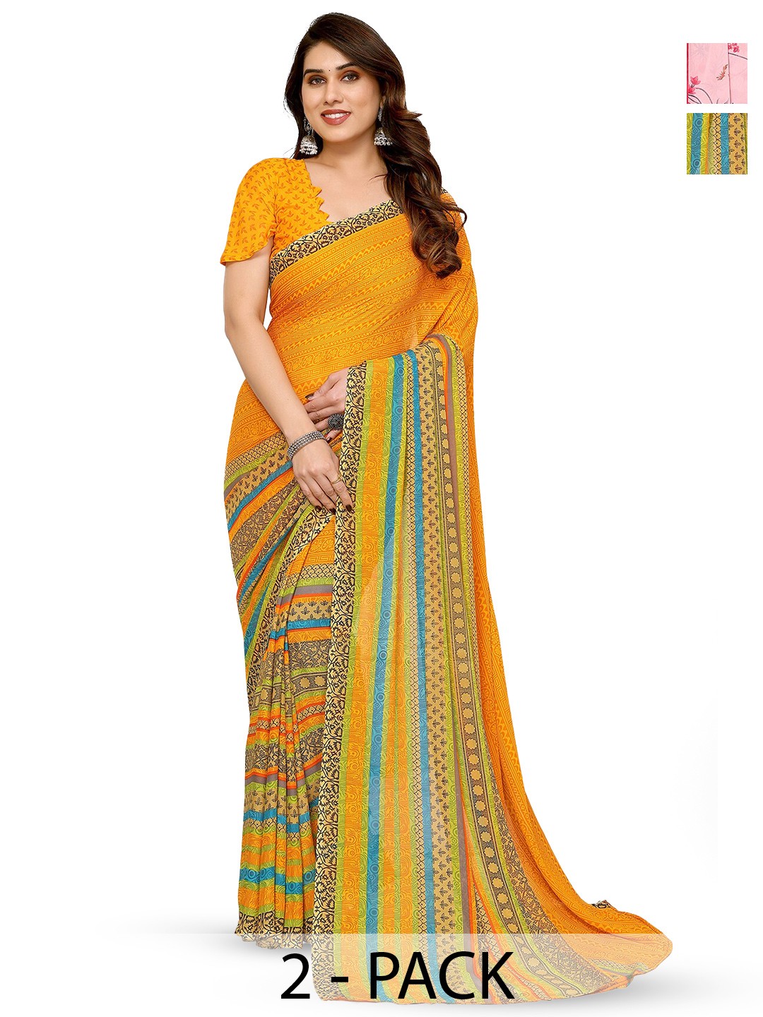 

ANAND SAREES Selection Of 2 Floral Printed Saree, Pink