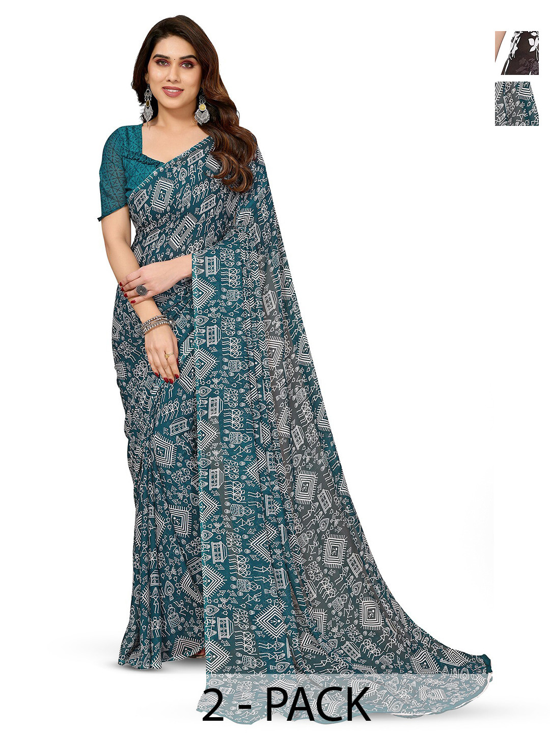 

ANAND SAREES Selection Of 2 Floral Printed Saree, Blue