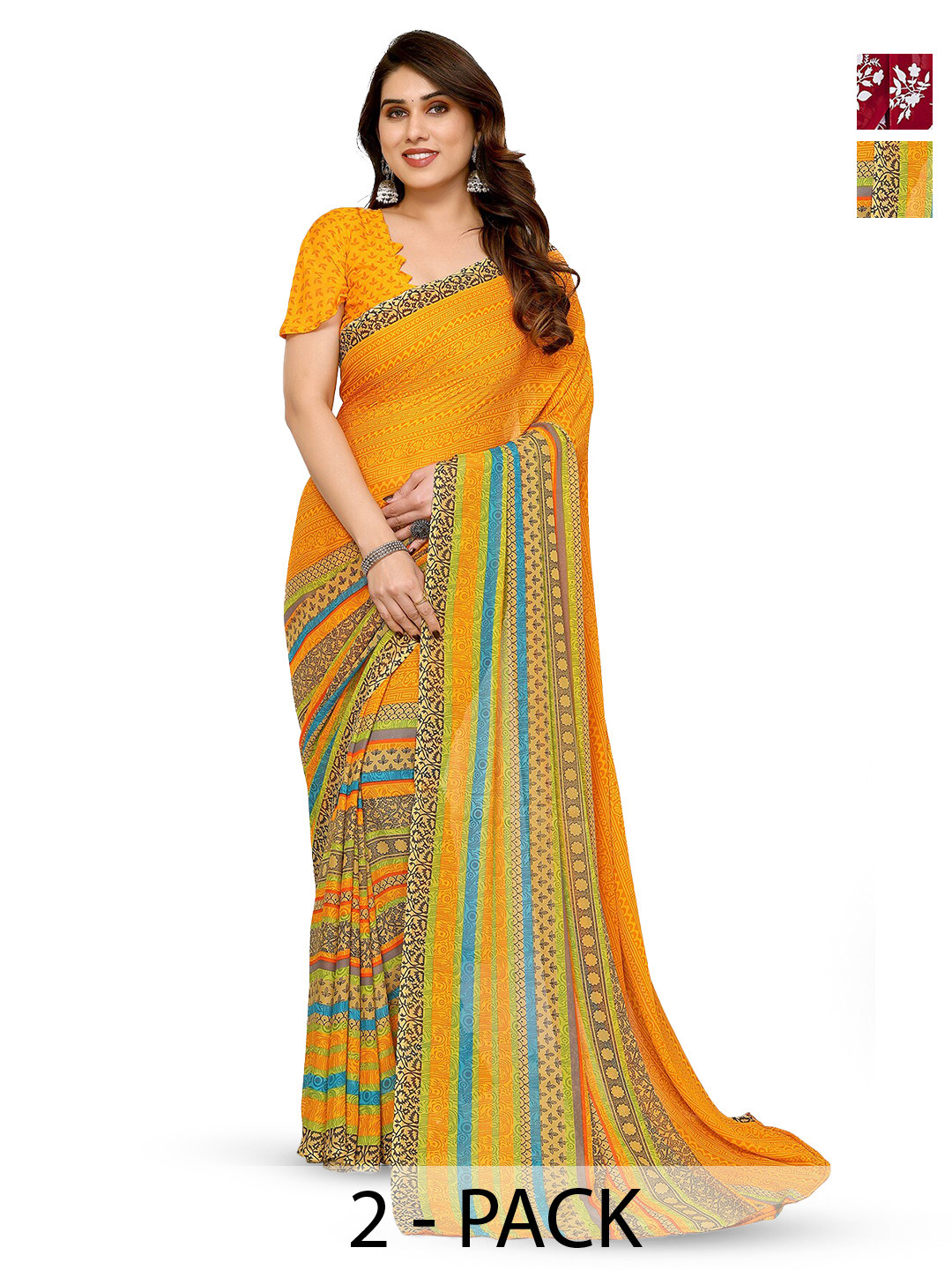 

ANAND SAREES Selection Of 2 Floral Printed Sarees, Red