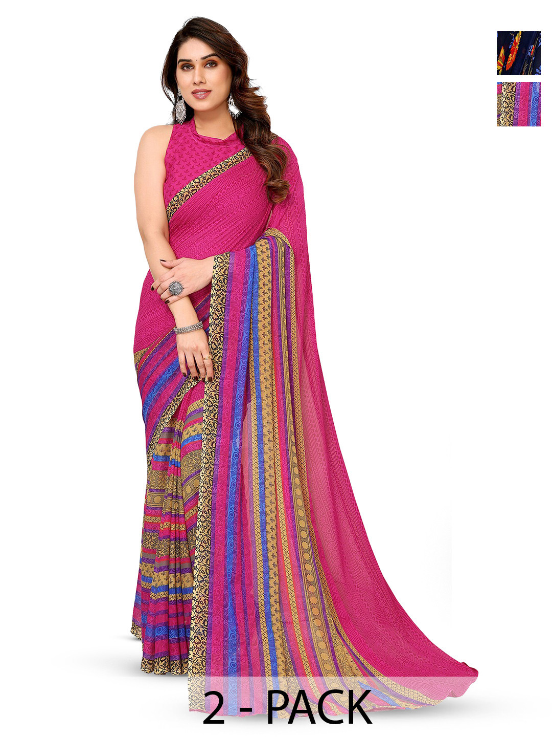 

ANAND SAREES Selection Of 2 Floral Printed Sarees, Blue