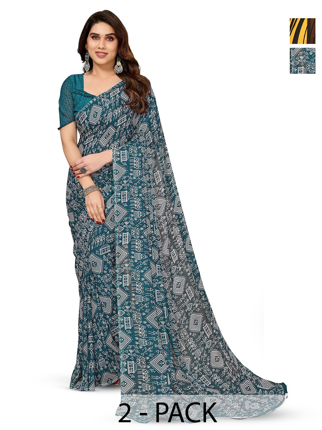 

ANAND SAREES Pack Of 2 Warli Printed Georgette Saree, Blue