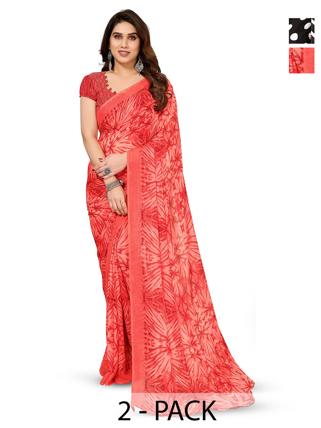 

ANAND SAREES Selection Of 2 Polka Dot Printed Saree, Black